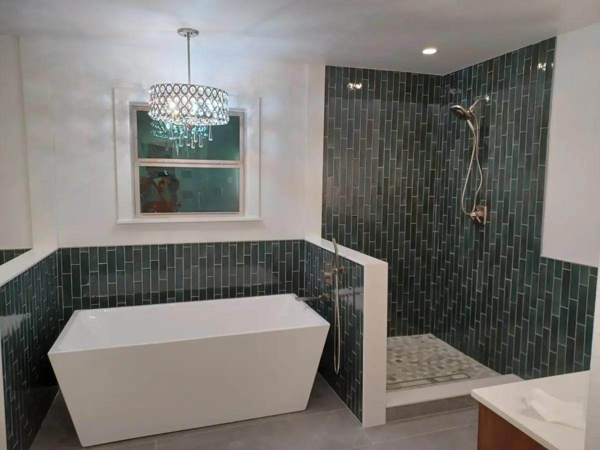 Decorative bathroom wall tile pattern with geometric mosaic design in Pompano Beach FL remodel